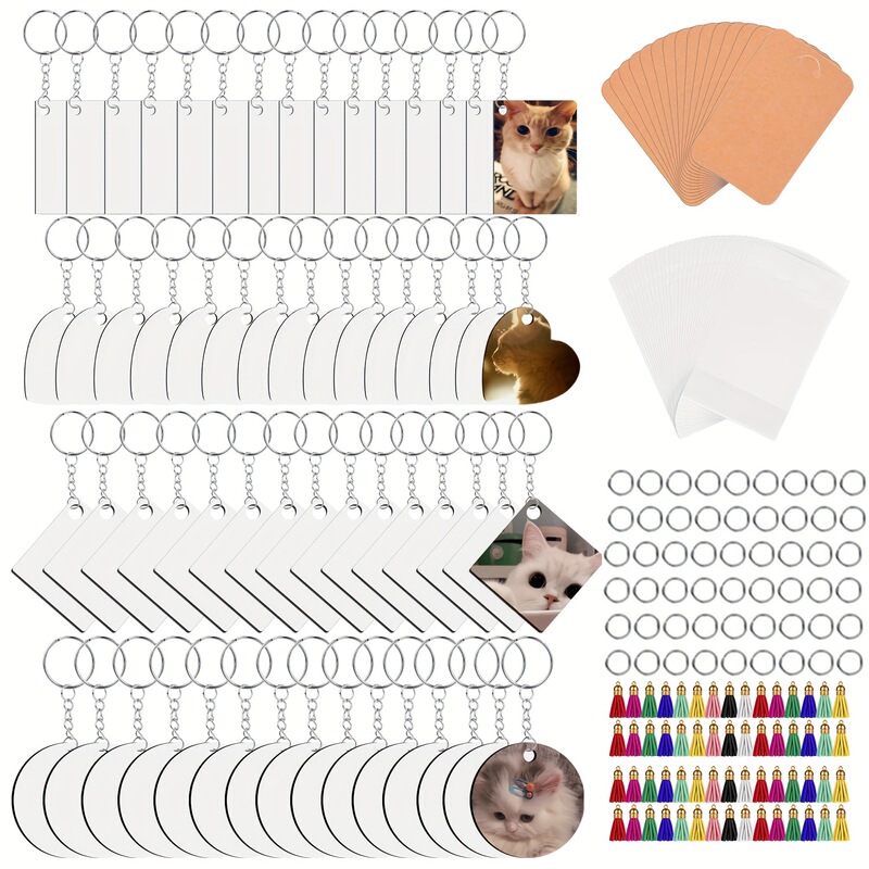 105Pcs Sublimation Blank Keychain Set Including Key Chain Ring, Colorfulful Tassel, Cardboard, Packaging Bag