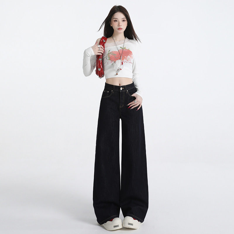 深蓝色美式阔腿牛仔裤女2025秋冬新款高腰显瘦设计感百搭拖地裤子|undefined