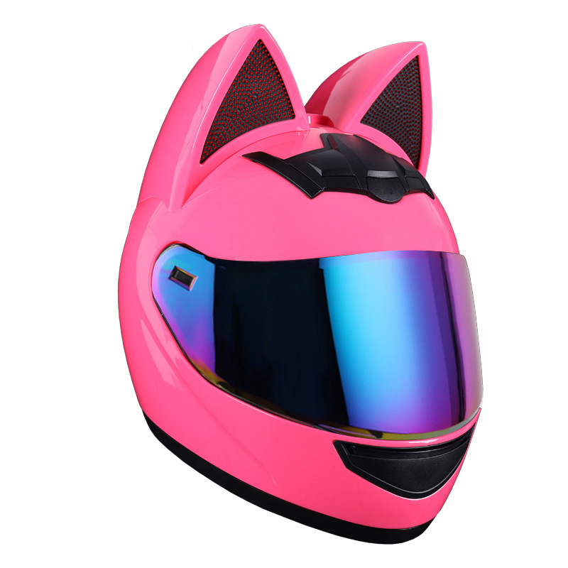 Casco de motocicleta eléctrica HNJ, casco integral con oreja de gato certificado 3C para mujer, verano, se puede equipar con auriculares Bluetooth, casco integral para motocicleta