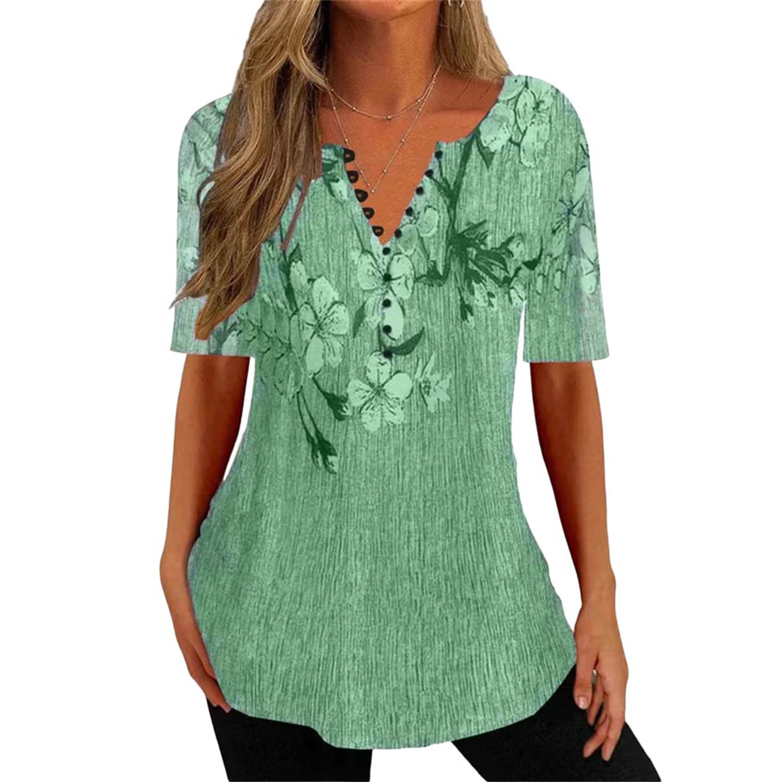 new women's digital printing V-neck button short sleeve top