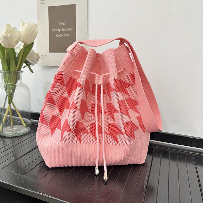 Nuevo bolso de cubo con cordón, bolso de punto, bolso de mano casual de gran capacidad, tablero de ajedrez, bolso tejido de moda de doble clavija