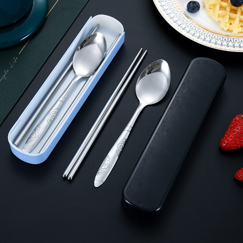 Home Stainless Steel Tableware Set of Three, Outdoor Portable Chopsticks, Forks, and Spoons Gift Box, Pull-out Student Spoons, Pull-out Box