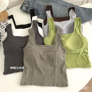 Korean Style Slim-fit Solid Color Vest Spice Girl Wearing Sports Sling Integrated Cup Square Collar Sleeveless All-match Top for Women
