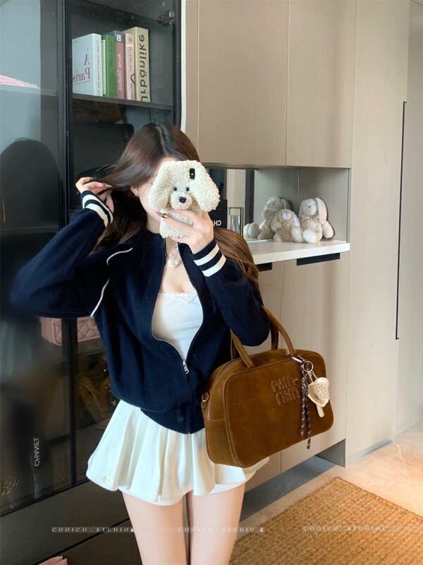 学院风立领撞色长袖针织衫女2025秋季新款设计感显瘦拉链甜辣外套|undefined