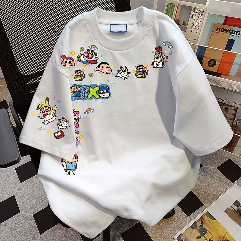 ヘビーウェイトピュアコットン半袖Tシャツカップルスタイルインサマーカジュアルトレンディブランド漫画アニメーションプリントルーズトップ男性と女性用|undefined
