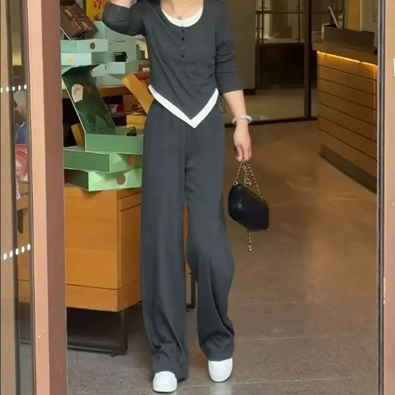 2025厚款春秋季假两件抽绳上衣两件套直筒阔腿裤套装女气质通勤风