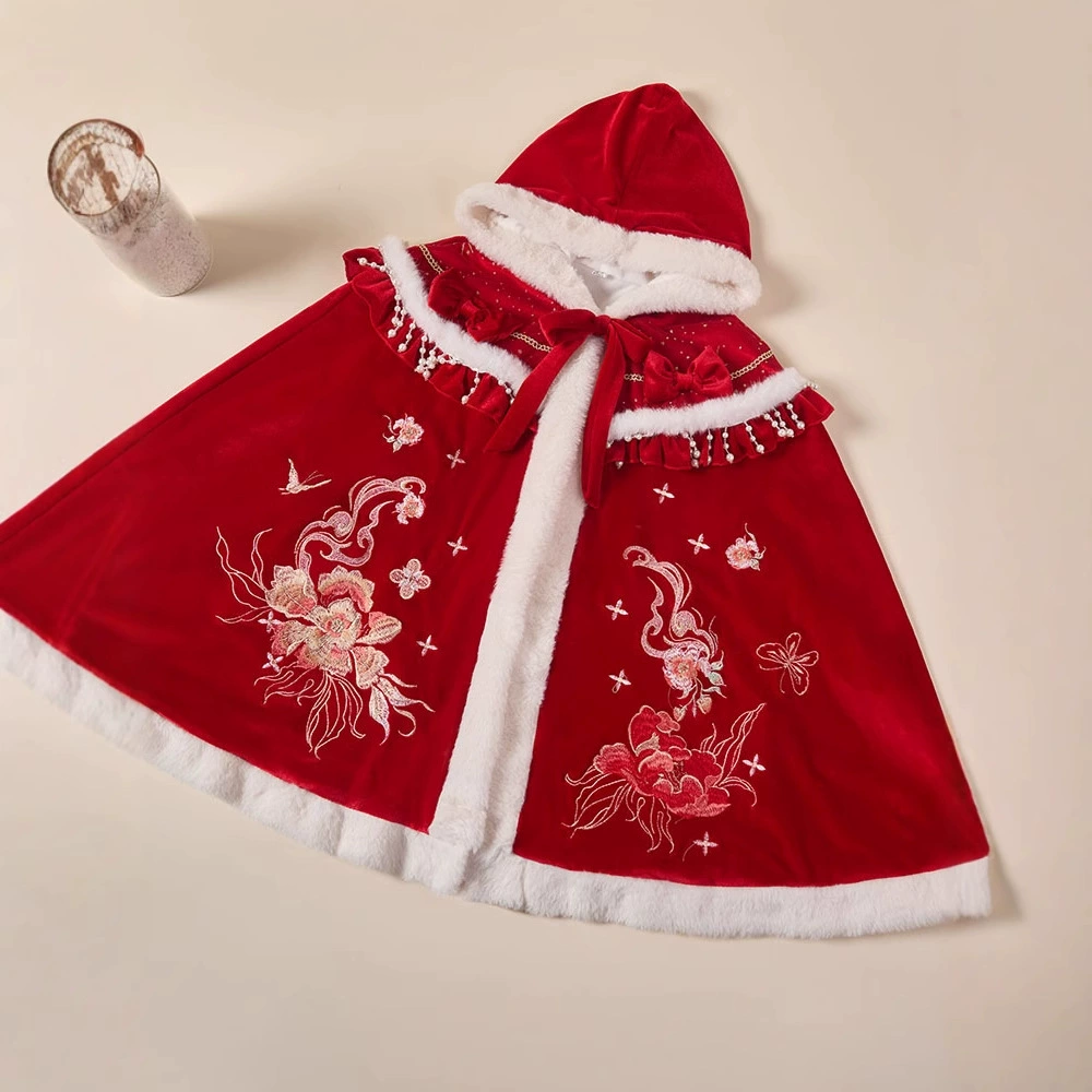 Красный бархатный плащ 2024 зимний новый Hanfu плащ Рождественская новогодняя свадьба теплый плащ с капюшоном