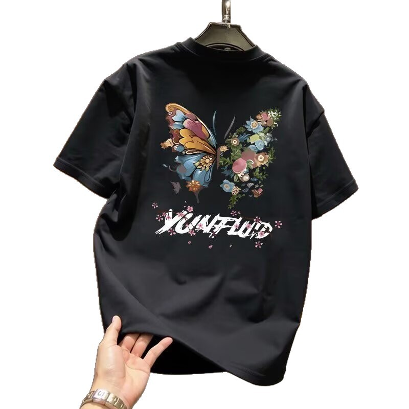 Herren-T-Shirt aus reiner Baumwolle mit Rundhalsausschnitt, atmungsaktiv, mit floralem Schmetterlingsmuster, kurzen Ärmeln, schmaler Passform, lässig-trendiges Oberteil_voghion.com
