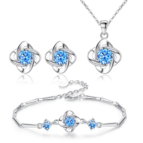 Lucky four-leaf clover necklace pendant set for women, summer couple bracelet, cute and elegant blue leaf earrings