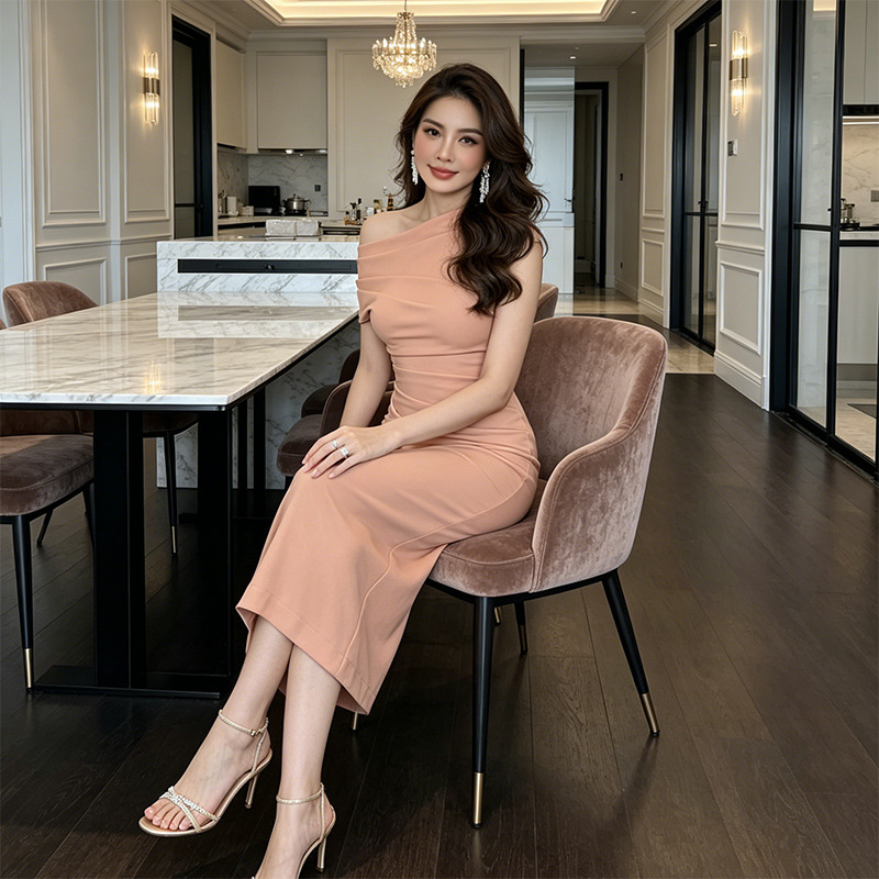 Đầm ôm body nữ không tay, phong cách Pháp, cổ khoét sâu, ôm sát cơ thể — Màu cam chi tiết 1