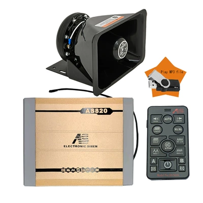 Car-mounted wireless alarm and voice announcement system, MP3 siren with high-pitched speaker, AS820D + round speaker (Car horn/tweeter) - mp3-function-as820d-host-square-speaker-set-12v