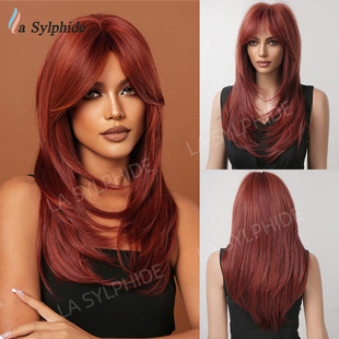 European and American wig female red brown fringe long straight hair 23inch mechanism chemical fiber full head cover Fiber wig