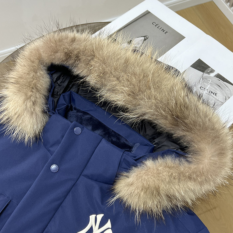 张淩赫同款MLB羽绒服女 貂子毛领中长款工装宽松刺绣男女鹅绒外套|undefined