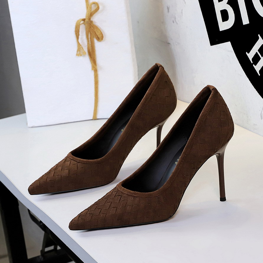 3739-50 European and American pointed shallow mouth slim heel super high heels fashionable design sense plaid suede sexy comfortable women's shoes