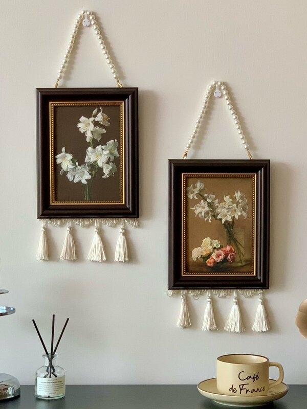 New Chinese-Style Retro Bead Curtain Photo Frame, Lautur Oil Painting Decorative Painting for Dining Room, Bedroom, Headboard, Sofa Background Wall Hanging