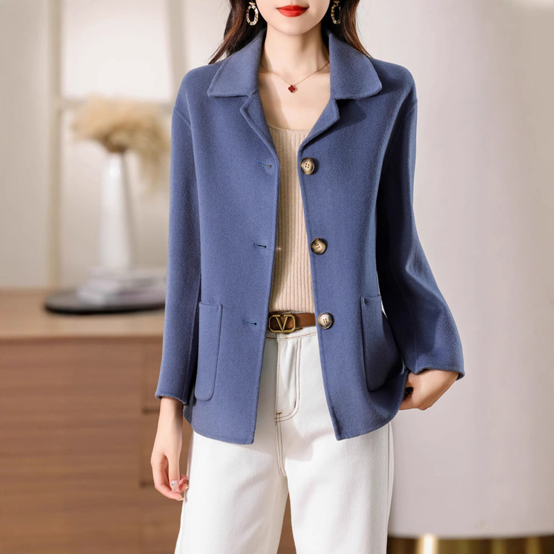 Suit Collar Double-Sided Wool Coat for Women, Short Loose Fit, New Autumn and Winter Style, Petite Women's Woolen Coat