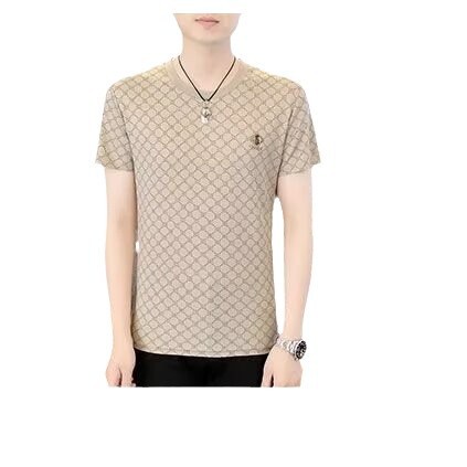 2025 Summer New Round Neck Printed Ice Silk Short Sleeve T-Shirt for Men, Thin Style Business Casual High-end Stylish T-Shirt