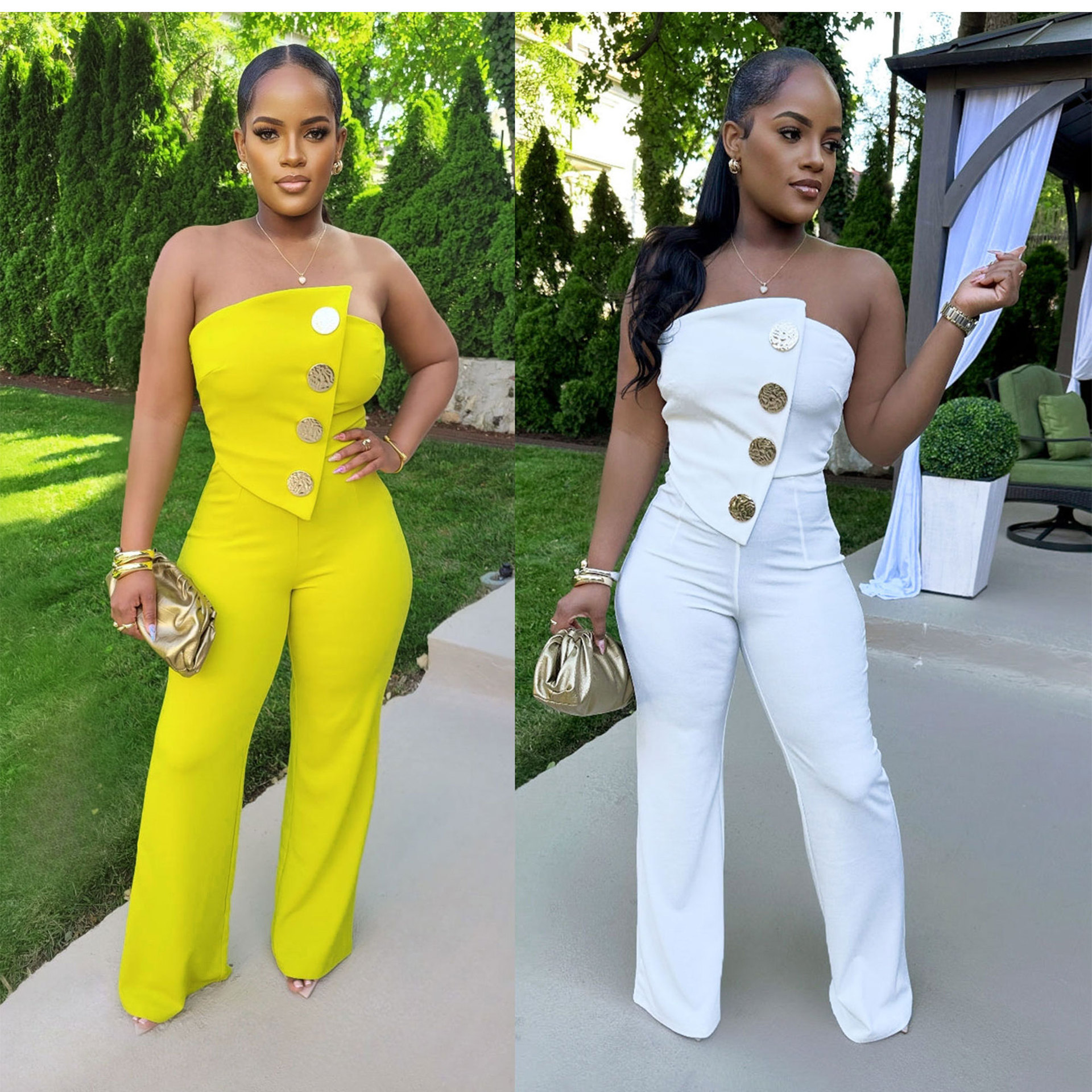 Damenbekleidung - Jumpsuit mit hüftlangem Wickeloberteil und weitem Bein und elastischem Bund_voghion.com