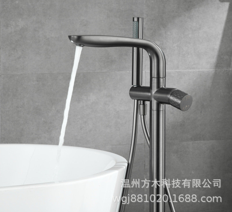 Black chrome-plated brushed gold gun gray floor-standing single-handle double-control ceramic valve core hot and cold water faucet, wooden bucket bathtub, showerhead undefined