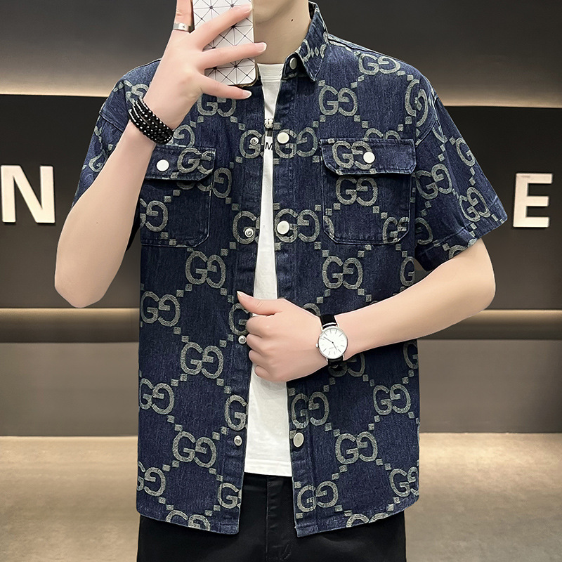 Summer New Short-Sleeved Denim Shirt Men's Loose Trendy Brand Handsome Lapel Craft Embroidered Half-Sleeved Shirt Jacket