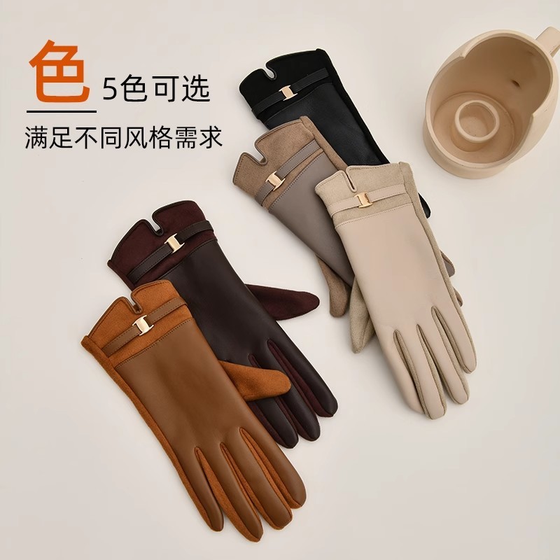 2025新款皮手套女冬季保暖加绒加厚触屏冬天开车分指手套跨境|undefined