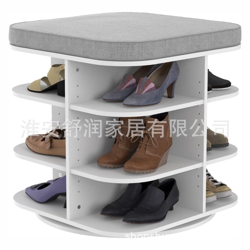 创意储物旋转鞋架 360°现代玄关可放12双家用门口鞋柜带换鞋凳