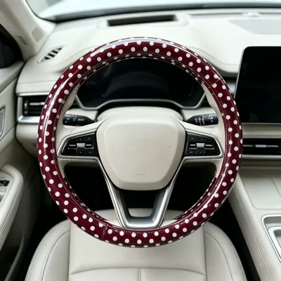 Steering wheel cover Steering Wheel Cover Polka - pu-leather-burgundy-bottom-white-polka-dots-universal-style-38cm