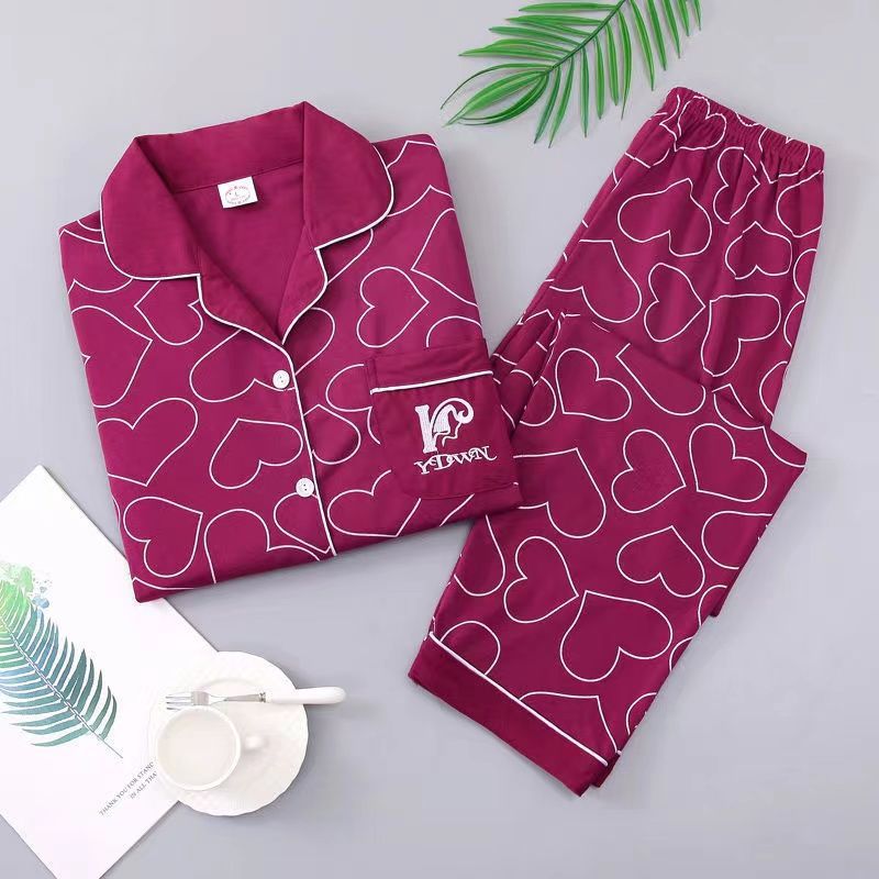 Pijamas de las mujeres de primavera y otoño 100% algodón de manga larga Chaqueta de punto más el tamaño de la madre desgaste del hogar traje de verano cómodo mes