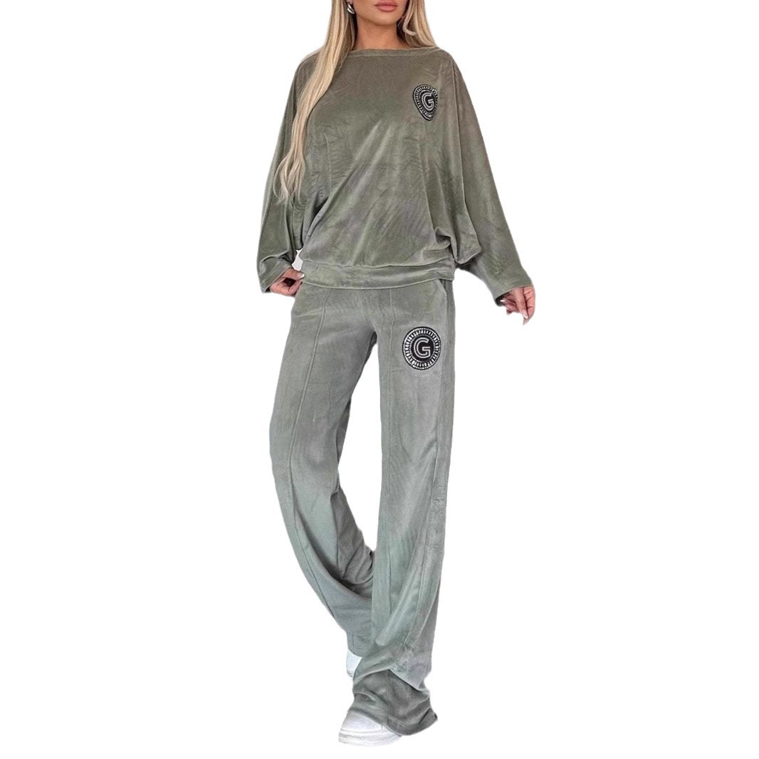 Abbigliamento da donna Primavera e autunno Velluto dorato tinta unita girocollo manica a pipistrello casual due pezzi vestito per le donne_voghion.com