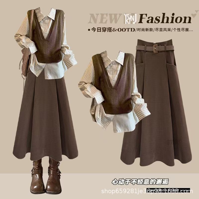Plus-size autumn stylish outfit for women, youthful design, vest, striped shirt, and vintage skirt three-piece set