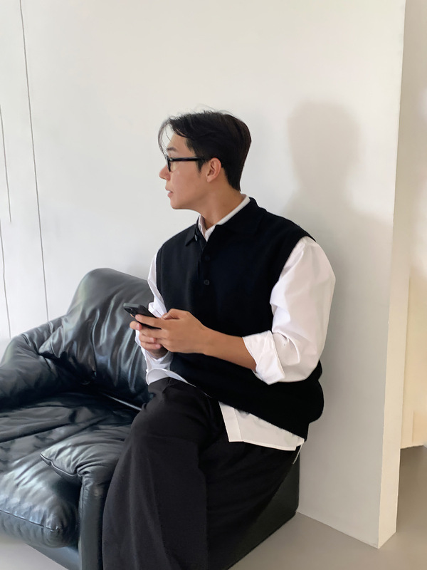 黑色polo领无袖针织马甲男美式复古高级感商务休闲坎肩毛衣背心潮|undefined