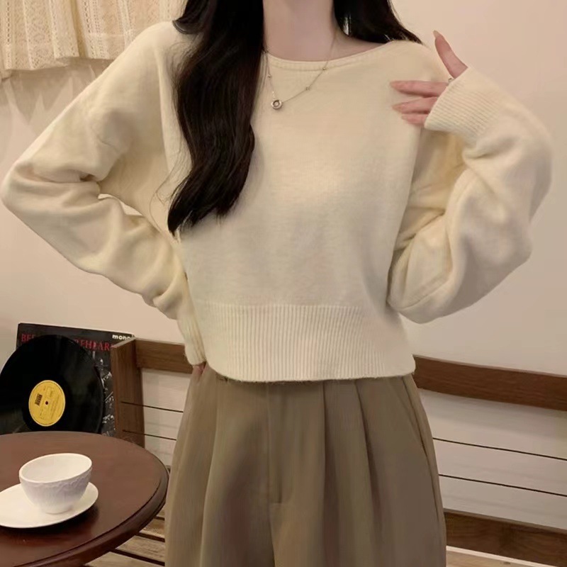 Otoño y invierno nuevos suéteres de mujeres sueltos hookah corto un cuello de punto versátil camiseta de fondo perezosa camiseta de viento para mujeres image 8