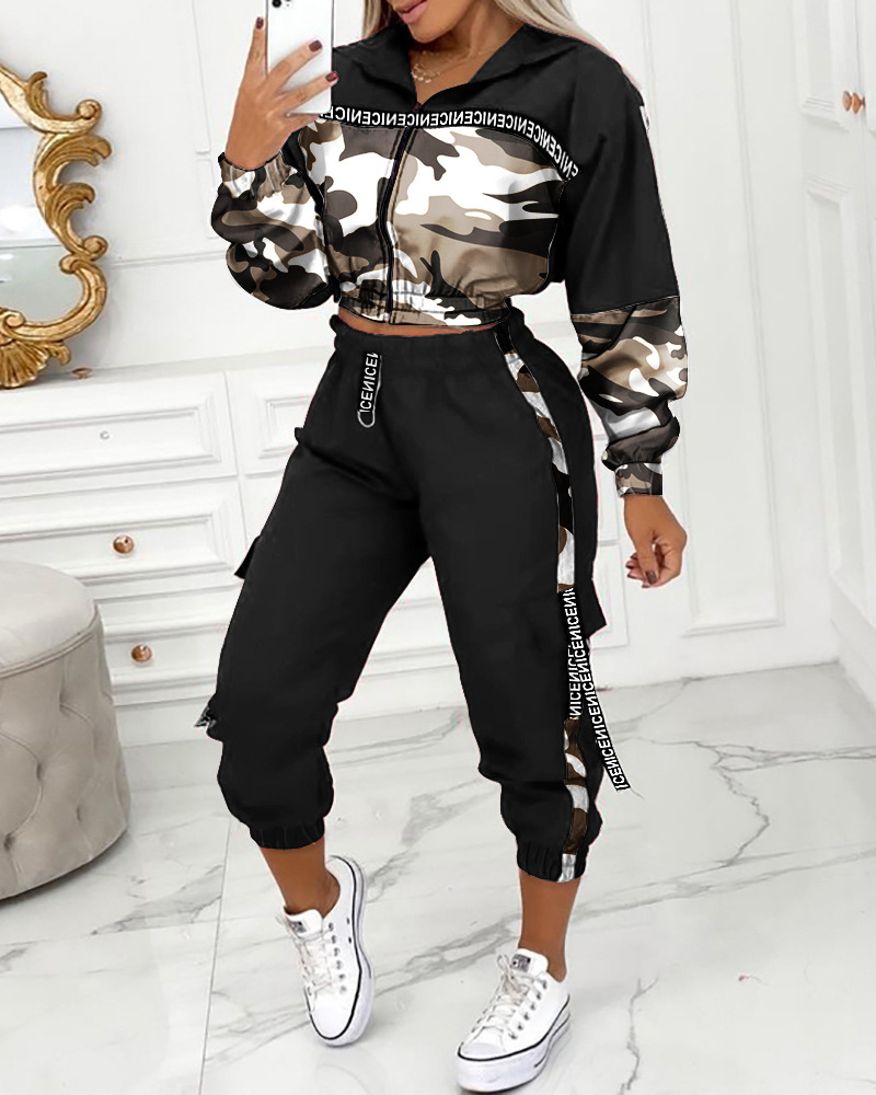 Women's Clothing New Clothing Fashion Camouflage Splicing Casual Suit_voghion.com