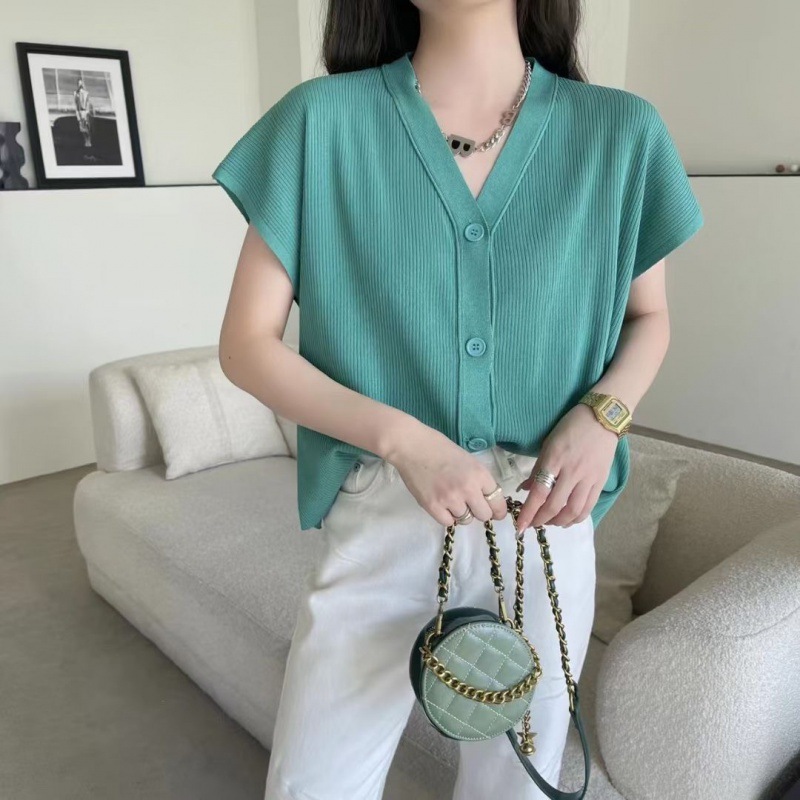 宽松V领开衫薄款短袖风针织衫领小清新恤女显瘦百搭上衣夏季