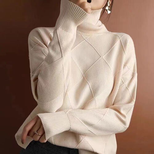 Fall/Winter Women's Turtleneck Pullover Sweater with Diamond Pattern | Versatile Solid-Color, Loose-Fit, Cozy Base Layer Top