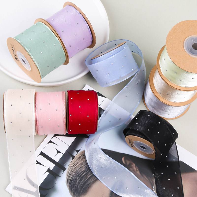 Hot diamond snow textile ribbon DIY bow hair accessories straw hat florist shop flower packaging silver dot silk ski yarn ribbon