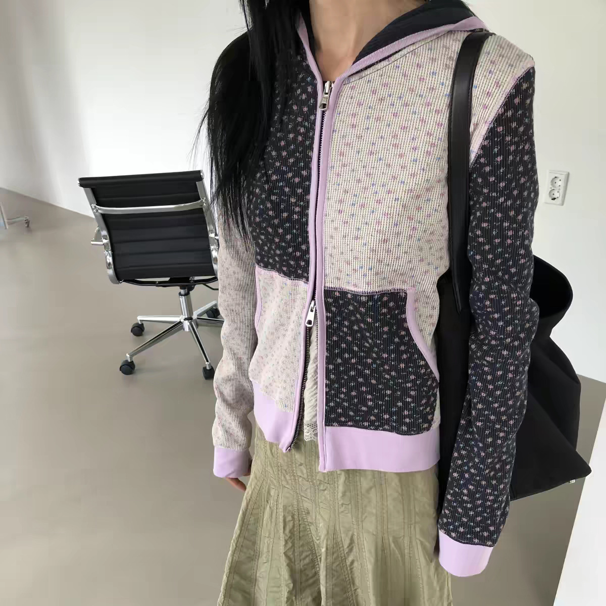识亦·XH韩系撞色拼接碎花华夫格连帽卫衣外套东大门秋季新款开衫
