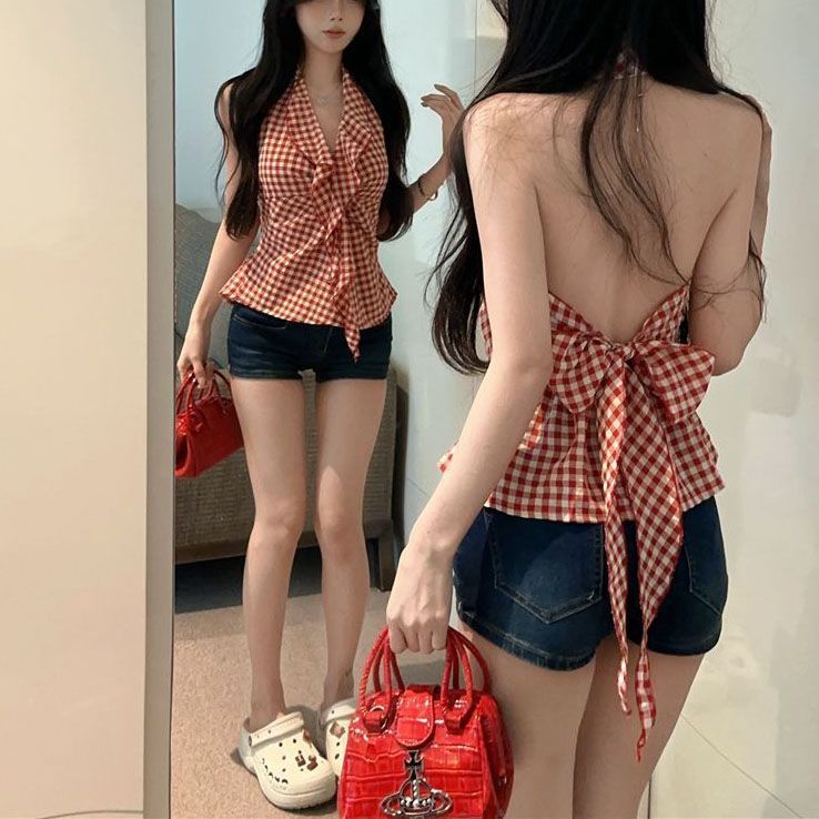 荷叶边红色格子吊带背心女夏季泰式辣妹v领挂脖抹胸上衣独特绝美|undefined