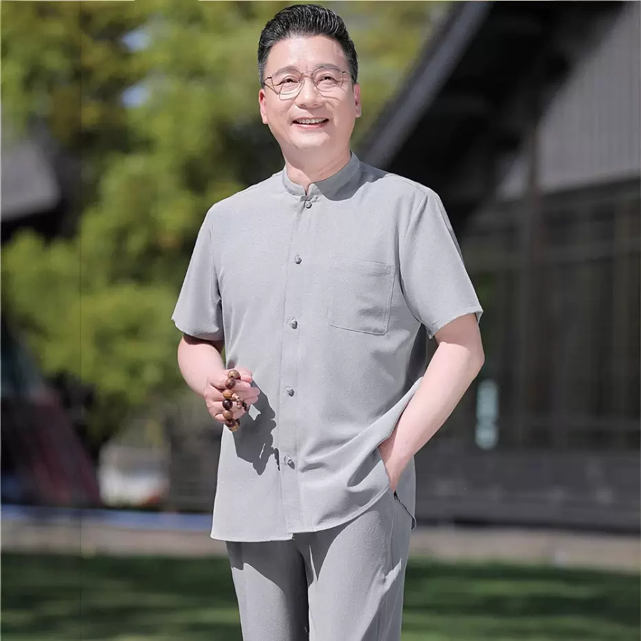 中老年唐装男款夏季中国风短袖爸爸夏装套装老人爷爷夏天冰丝衣服