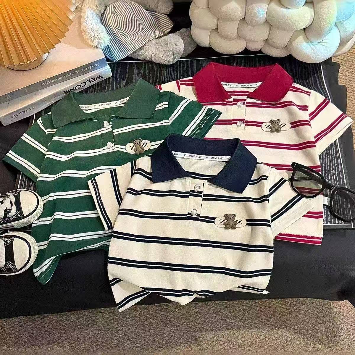2026 Summer Children's Striped Collared Short-Sleeve Polo Shirt, Stylish, Casual, Versatile, Combed Cotton Fashionable Children's Wear