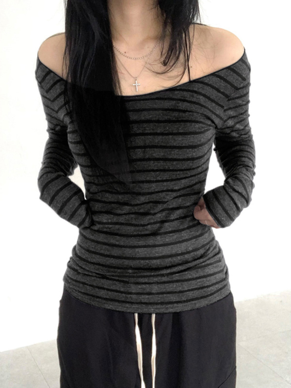 ヨーロッパとアメリカのシンプルなストライプのコントラストカラーの女性用長袖Tシャツ、クロスボーダーワンショルダーベーシック多用途スリムフィットボトムストップ|undefined