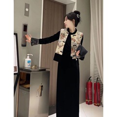 套装女2025春季新款高级感新中式国风盘扣马甲外套+连衣裙两件套