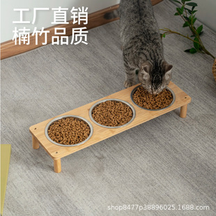 Anti-overturning cat bowl large stainless steel pet bowl dog food bamboo rack dog bowl double bowl combination pet supplies wholesale
