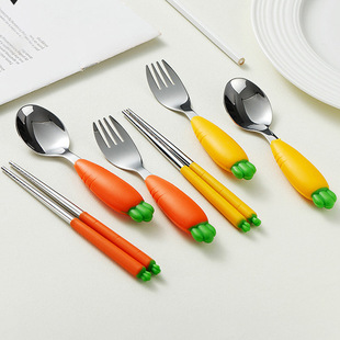 Cute carrot silicone children's tableware for mother and baby stainless steel for new born, spoon, chopsticks, fork 4