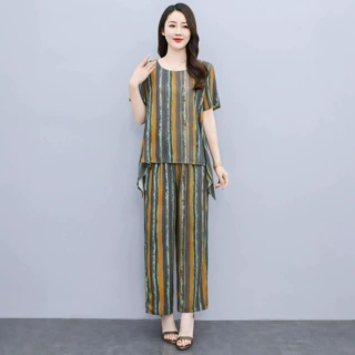 中老年女装夏季时尚条纹短袖九分裤两件套妈妈装洋气大码套装