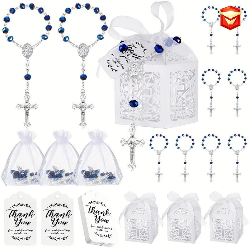 Party Party Men's and Women's Gift Set Etsy Baptism Communion Cross Blue Crystal Prayer Rosary Bracelet