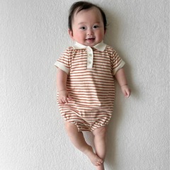 ins夏季嬰兒polo領條紋短袖包屁衣哈衣出生兒2024洋氣男女寶寶衫