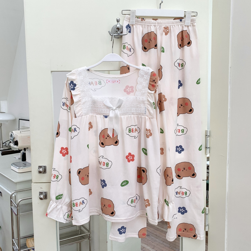 Estilo coreano japonés dulce ins primavera y otoño pijamas de las mujeres algodón manga larga traje más tamaño 240kg portátil homewear