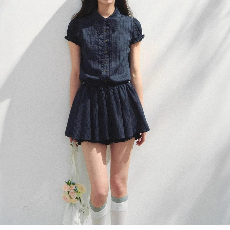 Sunsetpark "Summer Afternoon" Navy Blue Preppy Style Short-Sleeved Shirt Waist Dress