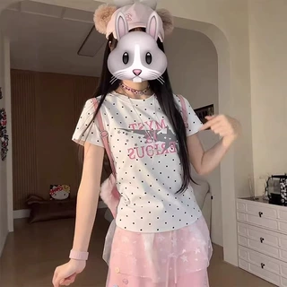 美式辣妹波点字母印花正肩短袖t恤女春夏轻亚风修身显瘦百搭上衣
